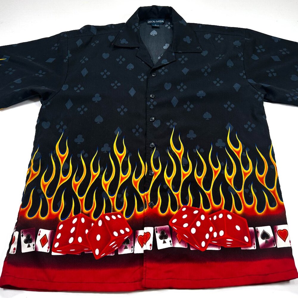 Vintage Oscar Misa Shirt Men's M Black Flames Dice Y2K Casino Camp Hype
